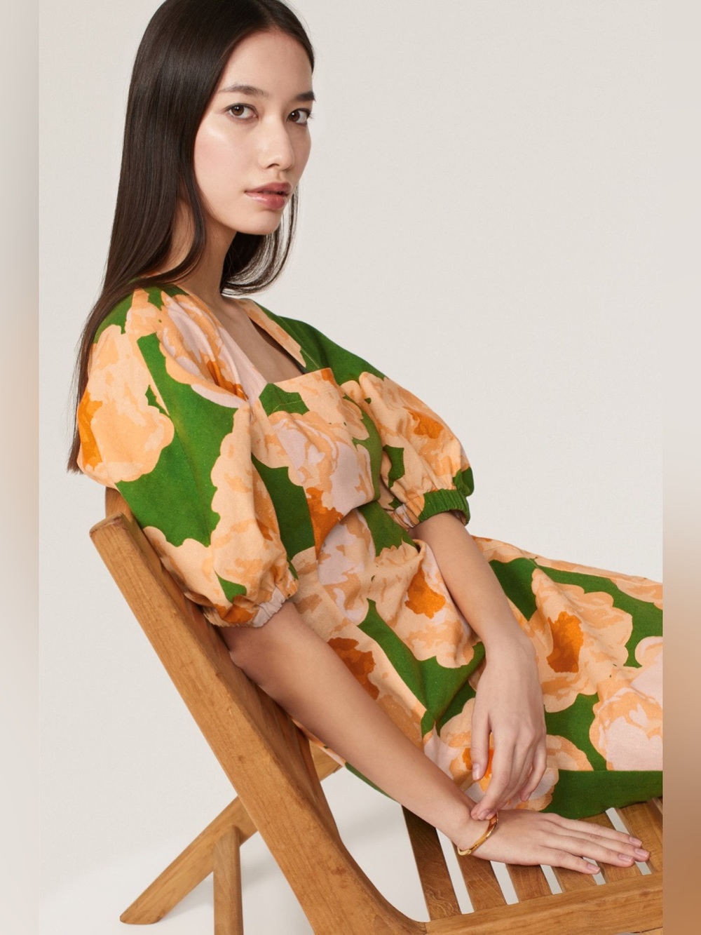 EUDON CHOI Linen 70s Floral Print Puff Sleeve Square Neck Wedding Guest Dress 8